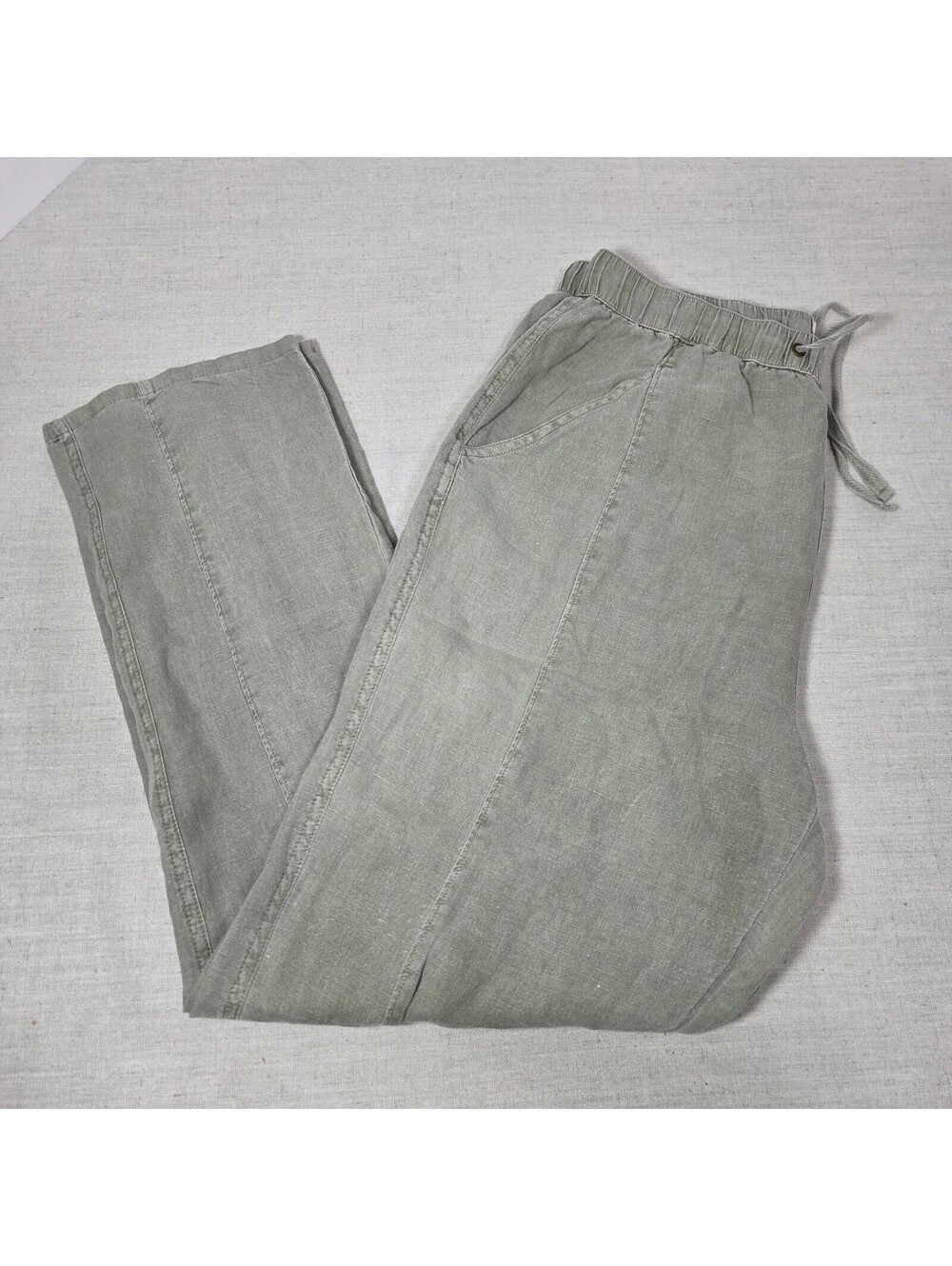 Nicole Miller New York Womens M 100% Linen Pants Sage Green Pull On Tapered